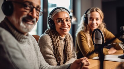 Multicultural elders, wearing headphones, chat and record their podcast on a shared microphone.