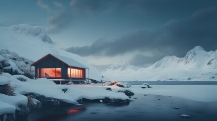 A small cabin on a rocky shore covered in snow