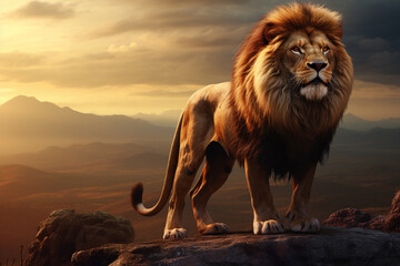 Male lion standing on the rock with mountains background. - obrazy, fototapety, plakaty