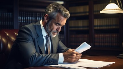 Lawyer reading an important document at his desk