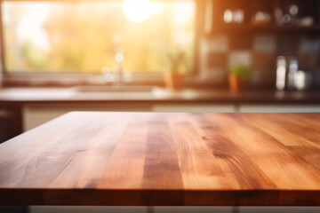 Top of surface wooden table with blurred modern kitchen background.