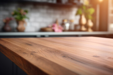 Naklejka na ściany i meble Top of surface wooden table with blurred modern kitchen background.