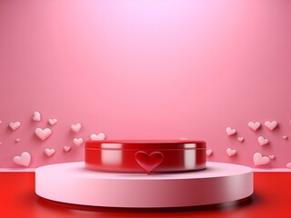 Advertising podium for products with hearts in the style of Valentine's day, wedding and love. A romantic scene with a pedestal in pink and red tones.