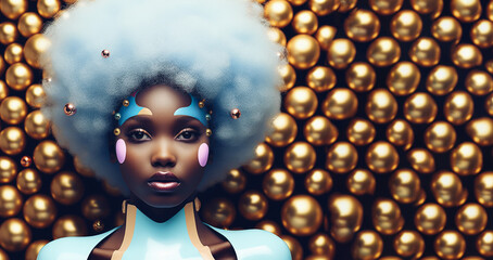 Close up portrait of fashionable  afro american girl. Elegant model on golden xmas balls decoration on background. Copy space.