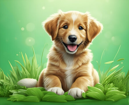 Ecstatic Puppy: Cheerful Smiling Dog on Isolated Green Background. generative AI