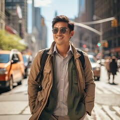 Obraz premium Stylish Chinese Man Walking through City Diverse Fashion Model Concept