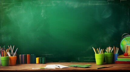 School design with a green textured chalkboard with free space for text and education supplies behind it - pens, pencils, markers, notebook, spy glass, ruler, sheet of paper, brushes. - obrazy, fototapety, plakaty