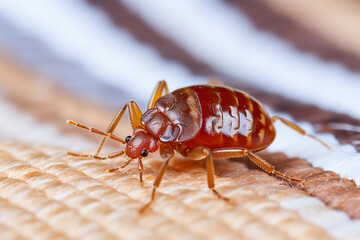 A bed bug crawls on bedding. Close-up.