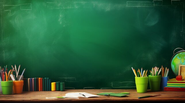 School design with a green textured chalkboard with free space for text and education supplies behind it - pens, pencils, markers, notebook, spy glass, ruler, sheet of paper, brushes.
