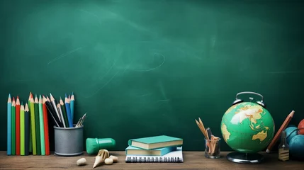 Fotobehang School design with a green textured chalkboard with free space for text and education supplies behind it - pens, pencils, markers, notebook, spy glass, ruler, sheet of paper, brushes. © Sunanta