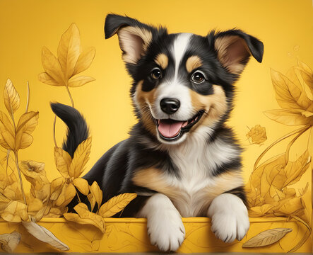 Joyful Puppy: Cute Smiling Dog on Vibrant Yellow Background. generative AI