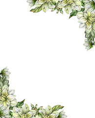 Flowers square frame with dahlia, watercolor illustration for cards, backgrounds, scrapbooking. Hand drawn background with flower for your design. Perfect for wedding invitation.