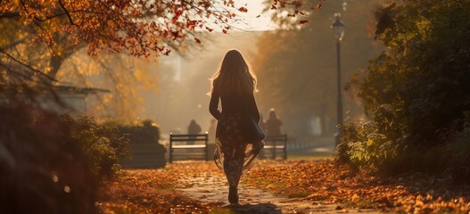 Fototapeta premium back view of a woman walking in the park in the morning