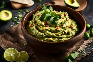 Create an image of a close-up shot of a brimming bowl of homemade guacamole, highlighting the avocado's creamy texture - obrazy, fototapety, plakaty