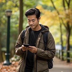 Asian Man Texting Friends From Public Park