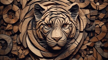 Wood tiger. Animal faces made of wood. Wild, brutal nature.