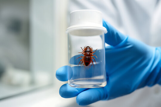 A plastic container with a bedbug in the hands of an entomologist in blue gloves.