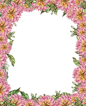 Flowers square frame with dahlia, watercolor illustration for cards, backgrounds, scrapbooking. Hand drawn background with flower for your design. Perfect for wedding invitation.