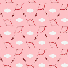 Seamless pattern with bow, arrow, heart and cioud. Valentines day decor. Festive pattern for fabric, wrapping paper, clothing. Vector illustration.