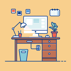 Home office workspace, desktop, computer on table with mouse and coffee in the light of a table lamp,  socket, calendar, stickers, pens, houseplant, urn, vector illustration in flat outline style