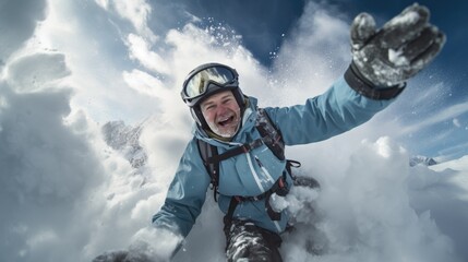 Fototapeta na wymiar Snowy Slope Selfie- Skier Capturing Winter Memories on the Slopes