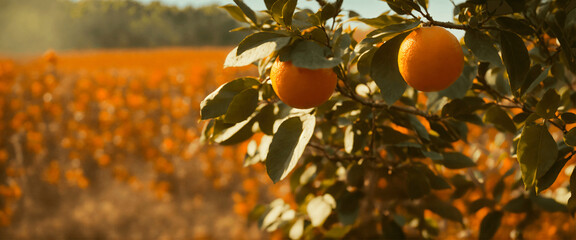 Closeup on orange in the tree in the field. Sunset time. Panoramic view.