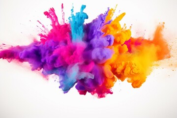 Colorful powder explosion on white background, creating an abstract dust effect. Vibrant explosion resembling Holi paint festival. Generative AI