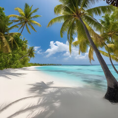 Tropical Paradise: Maldives Beach, Palm Trees, and Crystal Clear Ocean. generative AI