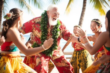 Santa claus aloha dancing with beautiful girls in a swimsuits in a tropical location