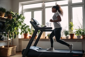 Plus size dark-skinned girl exercising on a treadmill at home in a Scandinavian interior - obrazy, fototapety, plakaty