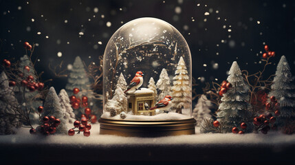 Birds sitting in a glass dome Merry Christmas background. Holiday season, birdhouse, pine trees, night, toy, miniature, Generative AI.