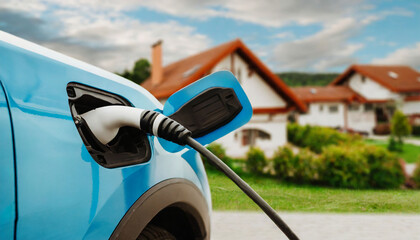 Electric car is charged in suburb - 660467302