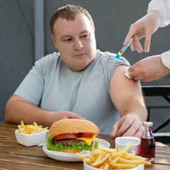 overweight man eats a burger while getting a weight loss shot - 660467313