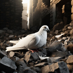 White peace dove fsitting in destroyed city