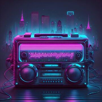 usic with a pulse 80s synthwave radios waves neon lighting highly developed magical lighting highly detailed glitter 