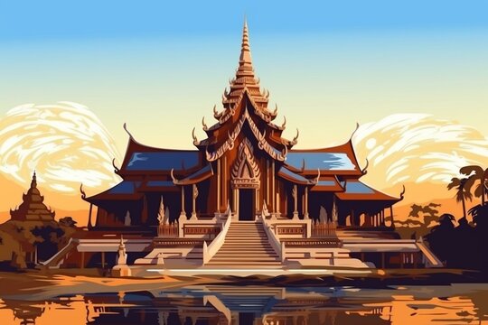 Buddhist temple in Thailand, Siam temple complex with graphic illustration of digital art. Generative AI