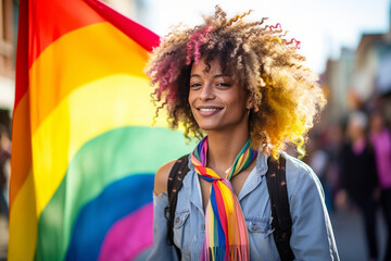 At a dynamic LGBTQ+ street fair, a woman beams with pride while holding the rainbow flag, the vibrant street art serving as a backdrop to her message of acceptance. 