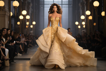 In a glamorous couture show, a female model in an exquisite gown commands attention as she sashays gracefully down the catwalk, her confidence radiating from every pore. 