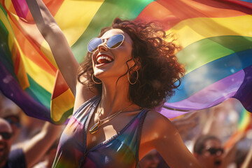 In the heart of a bustling LGBTQ+ festival, a spirited woman dances with the rainbow flag held high, her energy mirroring the joyous celebration of love and equality.  - obrazy, fototapety, plakaty