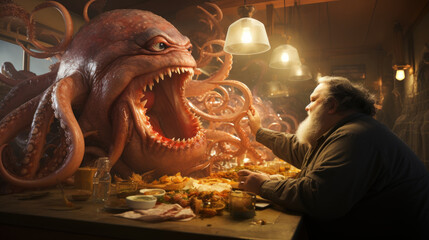 Old fat man with a beard sitting at the table and eating octopus in a restaurant. Horror movie concept. - obrazy, fototapety, plakaty