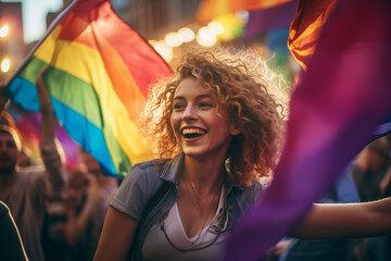 Amid the vibrant lights of a Pride festival, a woman exuberantly waves the rainbow flag, her joyous expression mirroring the colorful and accepting atmosphere. 