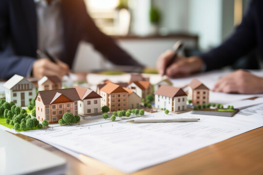 Close Up 3D House On A Modern Table In The Background Of Blurry Customer Signing A Contract To Buy A New House. Real Estate Concept For Purchase And Moving.