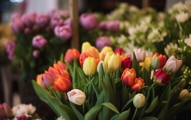 A bouquet of beautiful spring flowers is for sale. AI, Generative AI