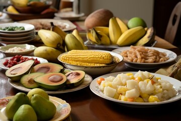 Fototapeta na wymiar Table with various dishes and fruits in the background including corn, apple, pear, banana, and lime. Generative AI