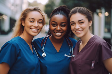 Smiling beautiful female healthcare workers or healthcare students - obrazy, fototapety, plakaty
