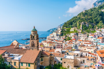 City of Amalfi with the downtown area and the sea and mountains in the background