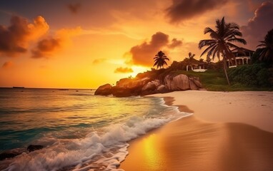Beach in Caribbean island at sunset. AI, Generative AI