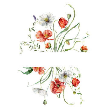 Watercolor horizontal frame of meadow flowers, white and red poppies. Hand painted floral illustration isolated on white background. For design, print, fabric or background.