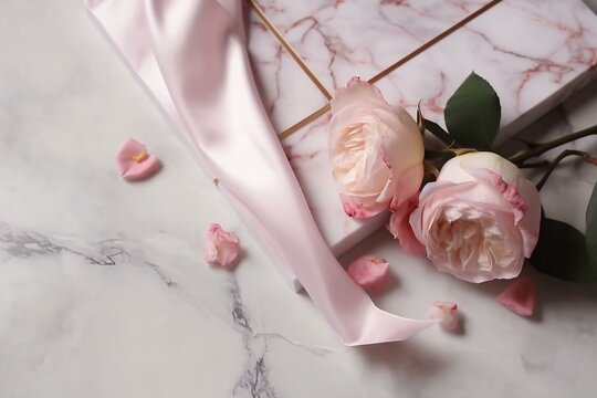pink roses, silk ribbons, marble, wedding, blank card, top view. Generative AI