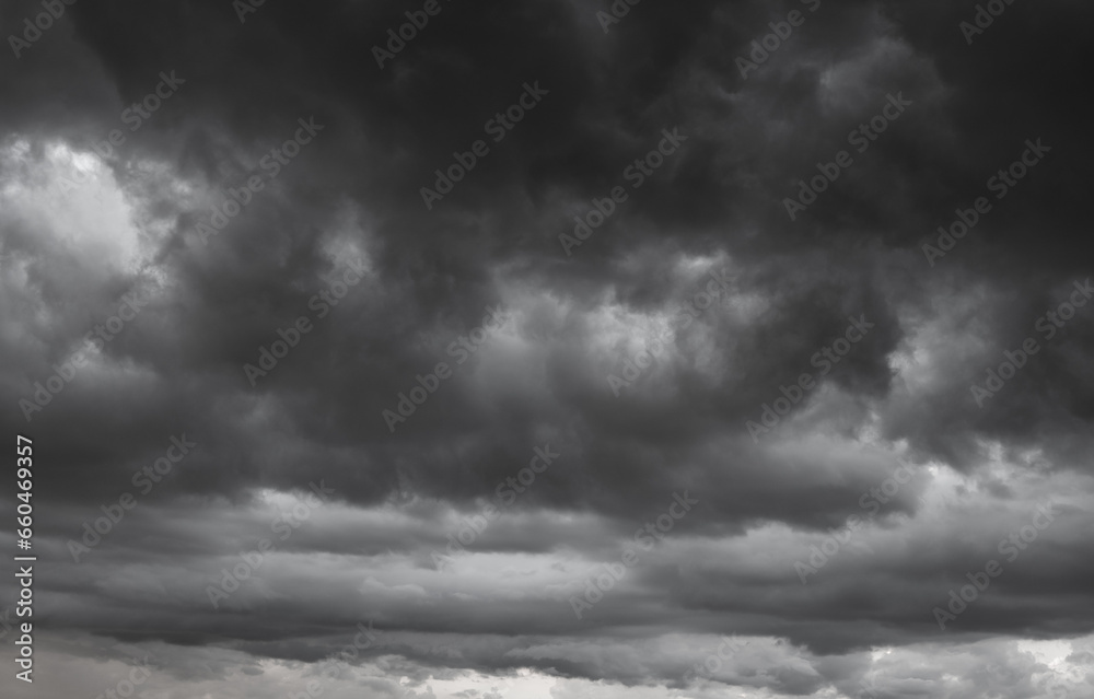 Wall mural dark clouds make sky in black. heavy rain thunderstorm. pattern of clouds overcast predict tornado, 